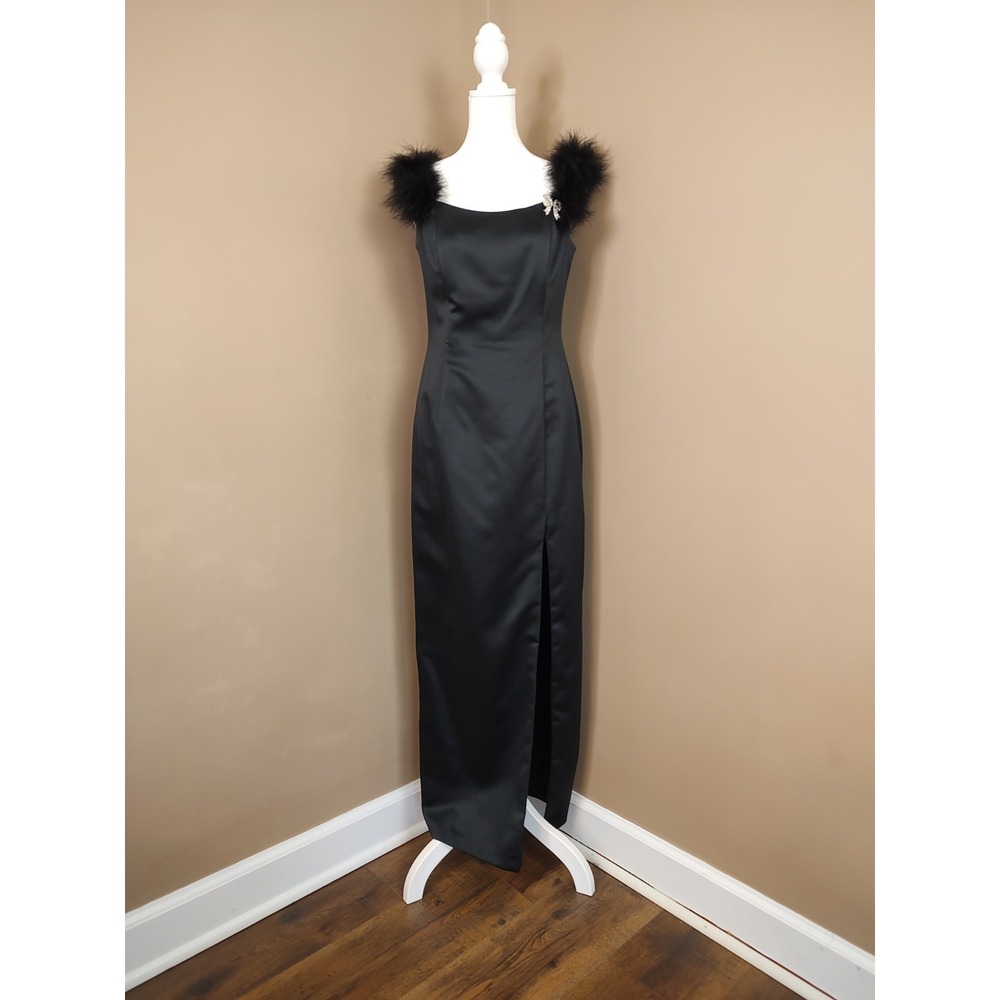 Evening Pencil Bodycon Gown Leg Slit Marabou Feathers Vintage 1980s Party Dress